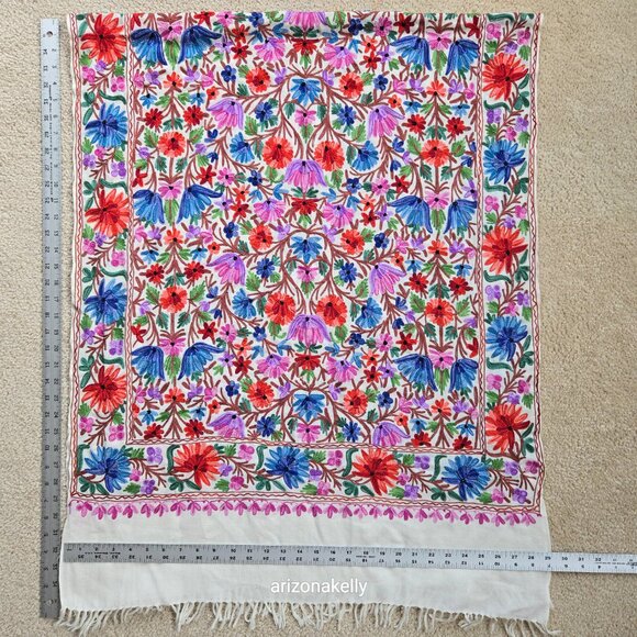 Wool Scarf With Colorful Chain Stitch Embroidery Flowers Vines - Picture 3 of 16